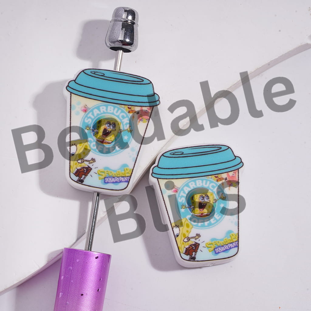 Silicone Focal Beads Coffee Cup with Yellow Sponge Character Patterns