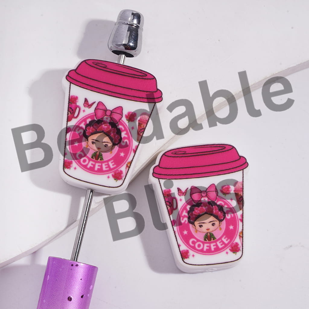 Silicone Focal Beads Coffee Cup with Girl Artist Portrait Patterns