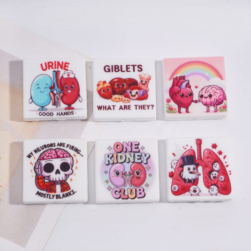 Silicone Focal Beads with Interesting Body Organ Prints, Flat Square Shape, Random Mix
