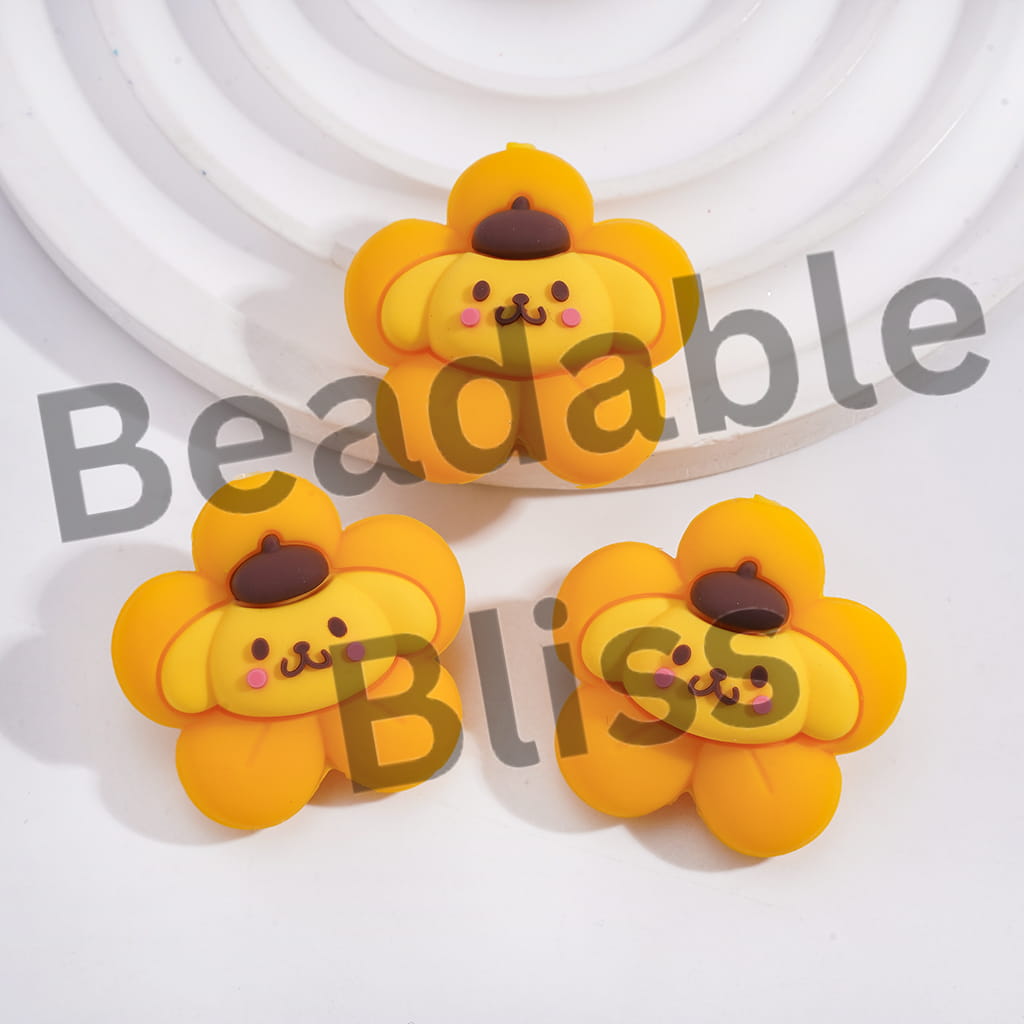 Silicone Focal Beads 3D Yellow Flower with Beret Dog