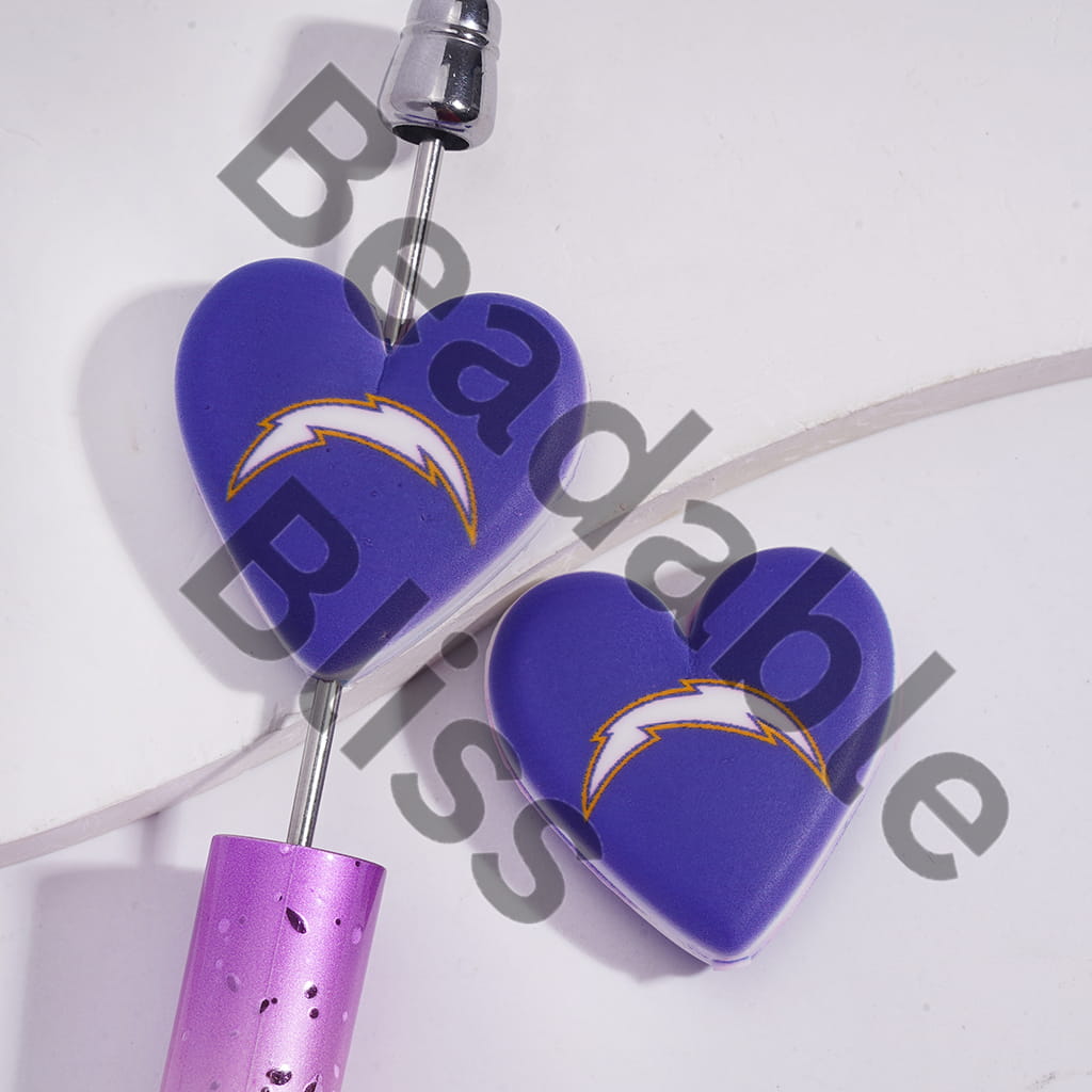 Silicone Focal Beads with American Football LA Chargers Pattern, Flat Heart Shape