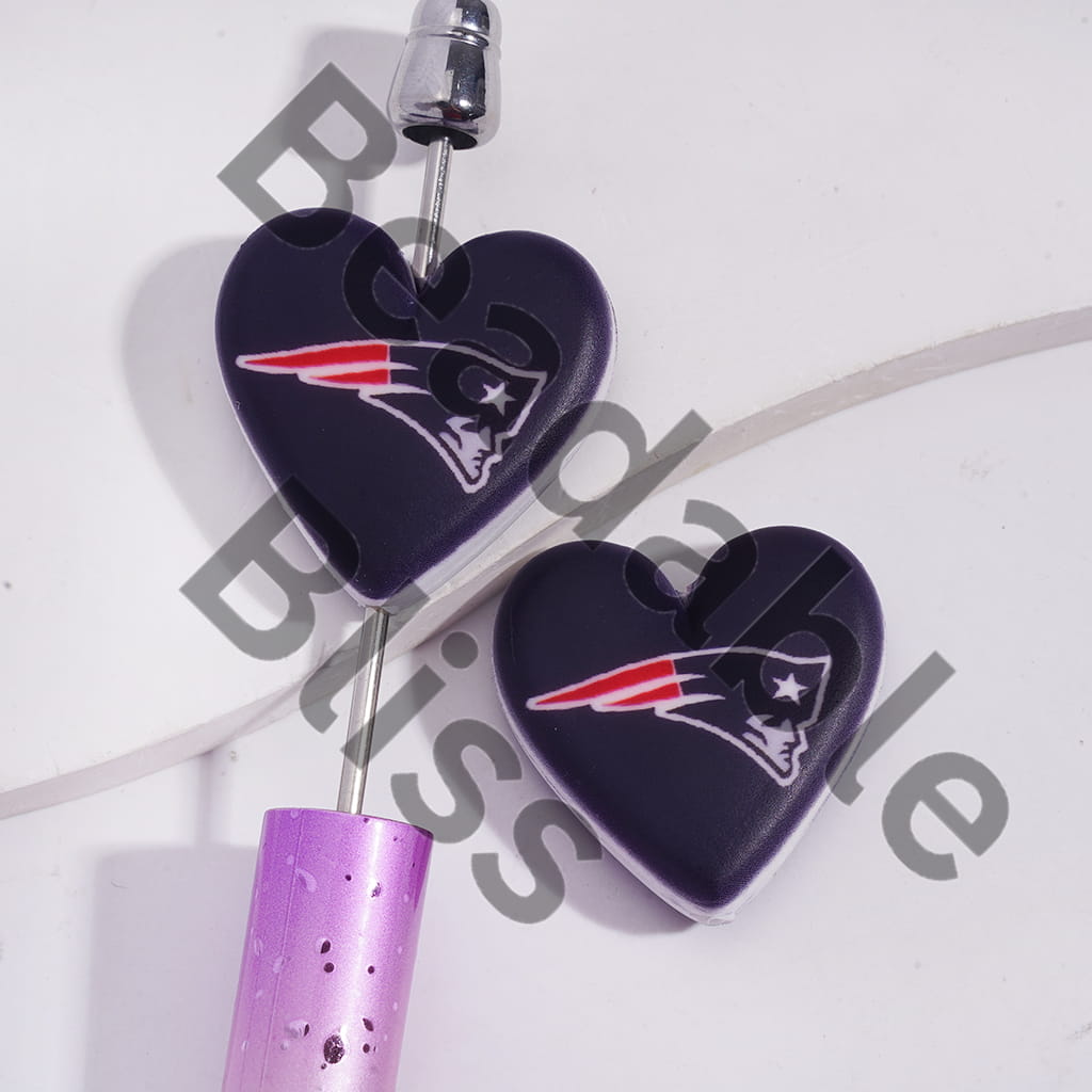Silicone Foacl Beads with American Football NE Patriotic Pattern, Flat Heart Shape