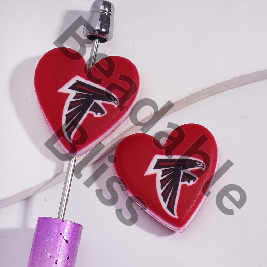 Silicone Focal Beads with American Football Atlanta Pattern, Flat Heart Shape