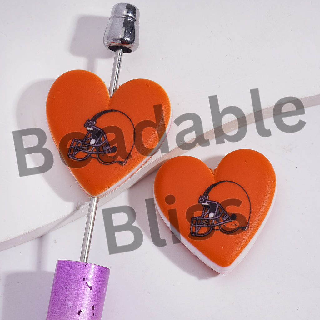 Silicone Focal Beads with American Football Cleveland Pattern, Flat Heart Shape