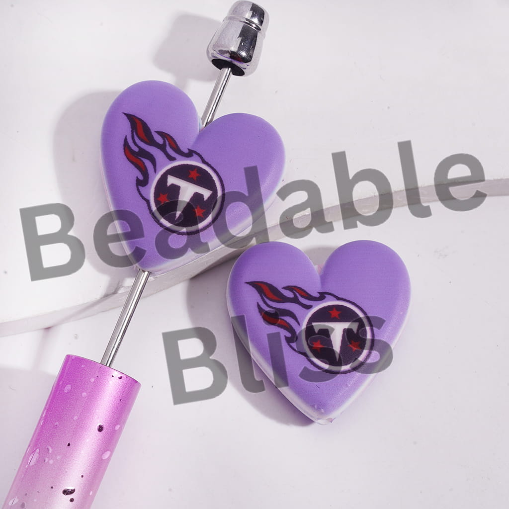 Silicone Focal Beads with American Football Tennessee Pattern, Flat Heart Shape