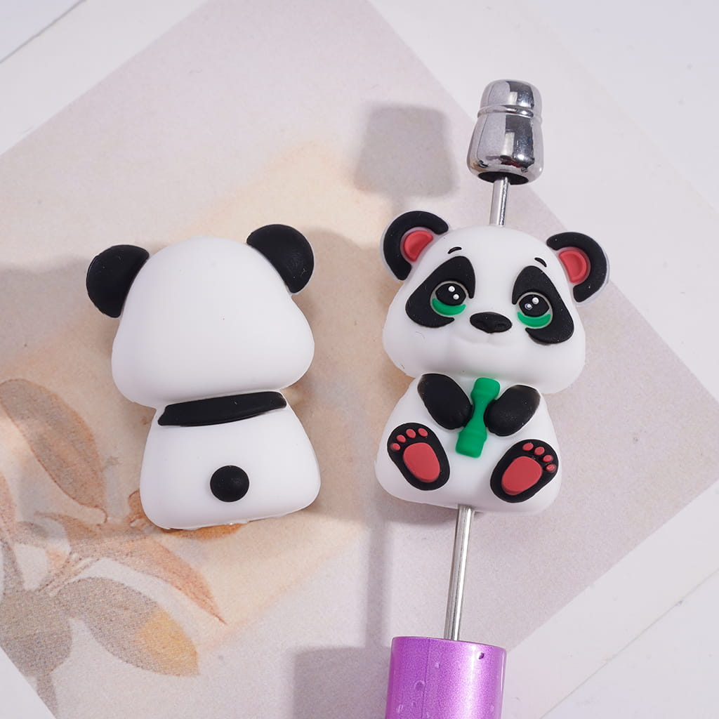 Silicone Focal Beads 3D Cute Panda Holding Green Bamboo