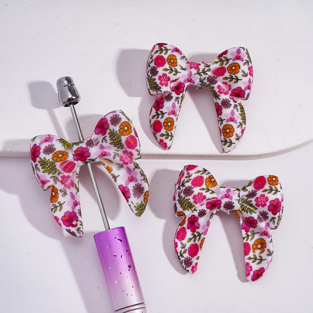 Silicone Focal Soft Bowtie Beads with Bright Colorful Flowers and Green Leaves Prints, 40MM