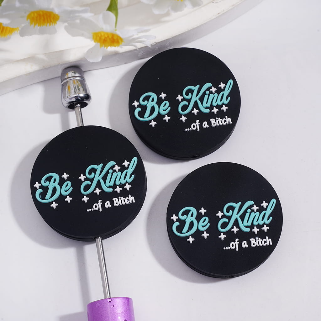 Silicone Focal Beads with Text "Be King...of a humor" and White Stars, Flat Round Shape