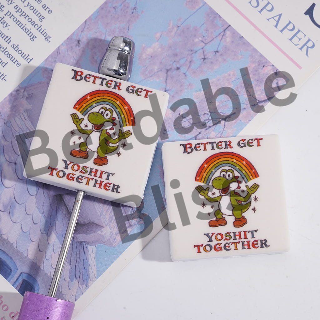 Silicone Focal Beads with Text "BETTER GET YOSHIT TOGETHER" and Green Dinosaur Rainbow Stars, Flat Square Shape