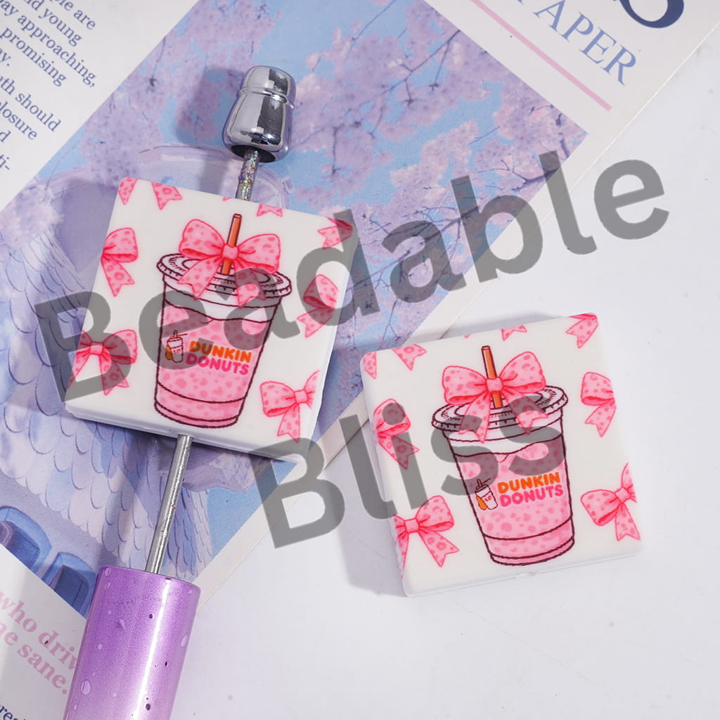 Silicone Focal Beads with Pink Coffee Cup and Bowknots, Flat Square Shape