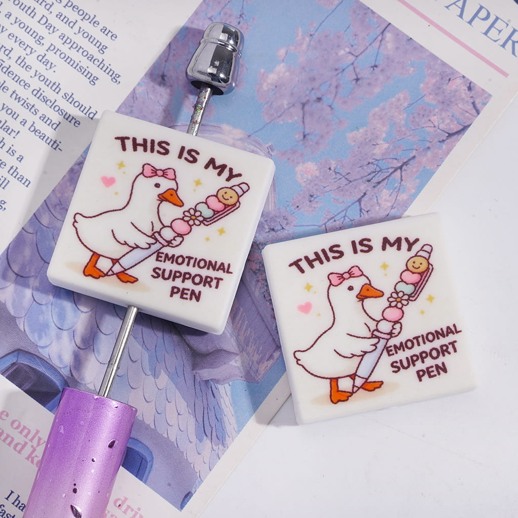Silicone Focal Beads with Text "THIS IS MY EMOTIONAL SUPPORT PEN" and White Duck Holding Pen, Flat Square Shape
