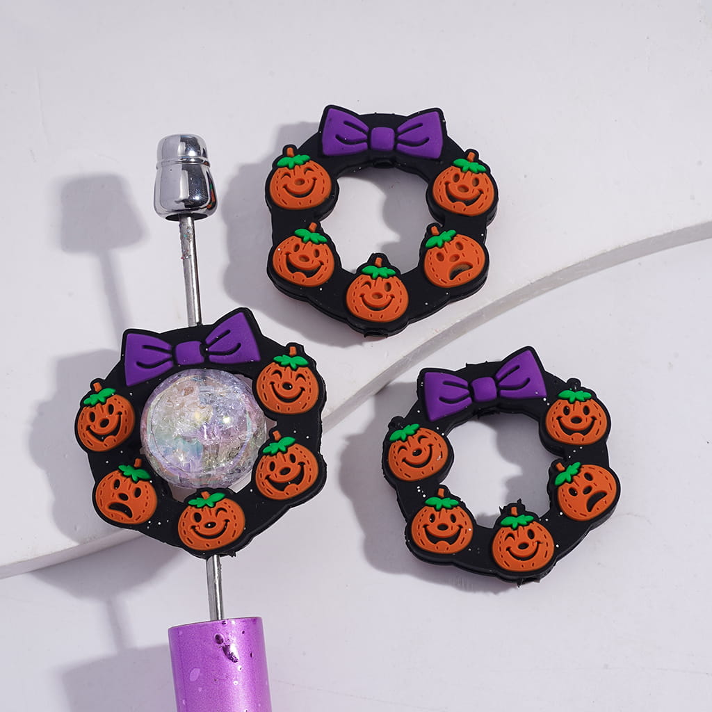 Silicone Focal Beads Wreath with Purple Bowtie and Quirky Pumpkins Halloween Theme