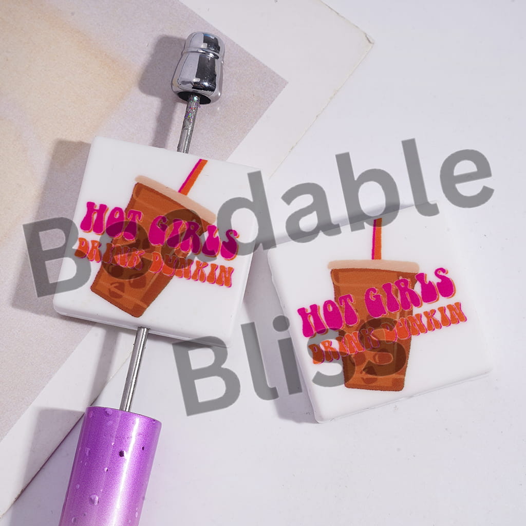 Silicone Focal Beads with Text "HOT GIRLS & DRINK..." and Ice Coffee Cup, Flat Square Shape