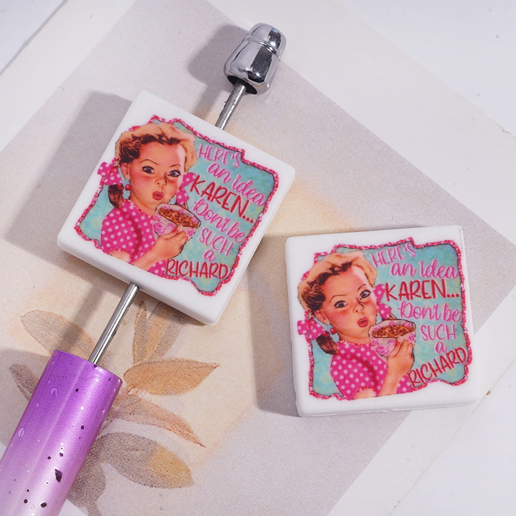 Silicone Focal Beads with Retro Style Little Girl and Text "HERE'S an idea KAREN Don't such a RICHARD", Flat Square Shape