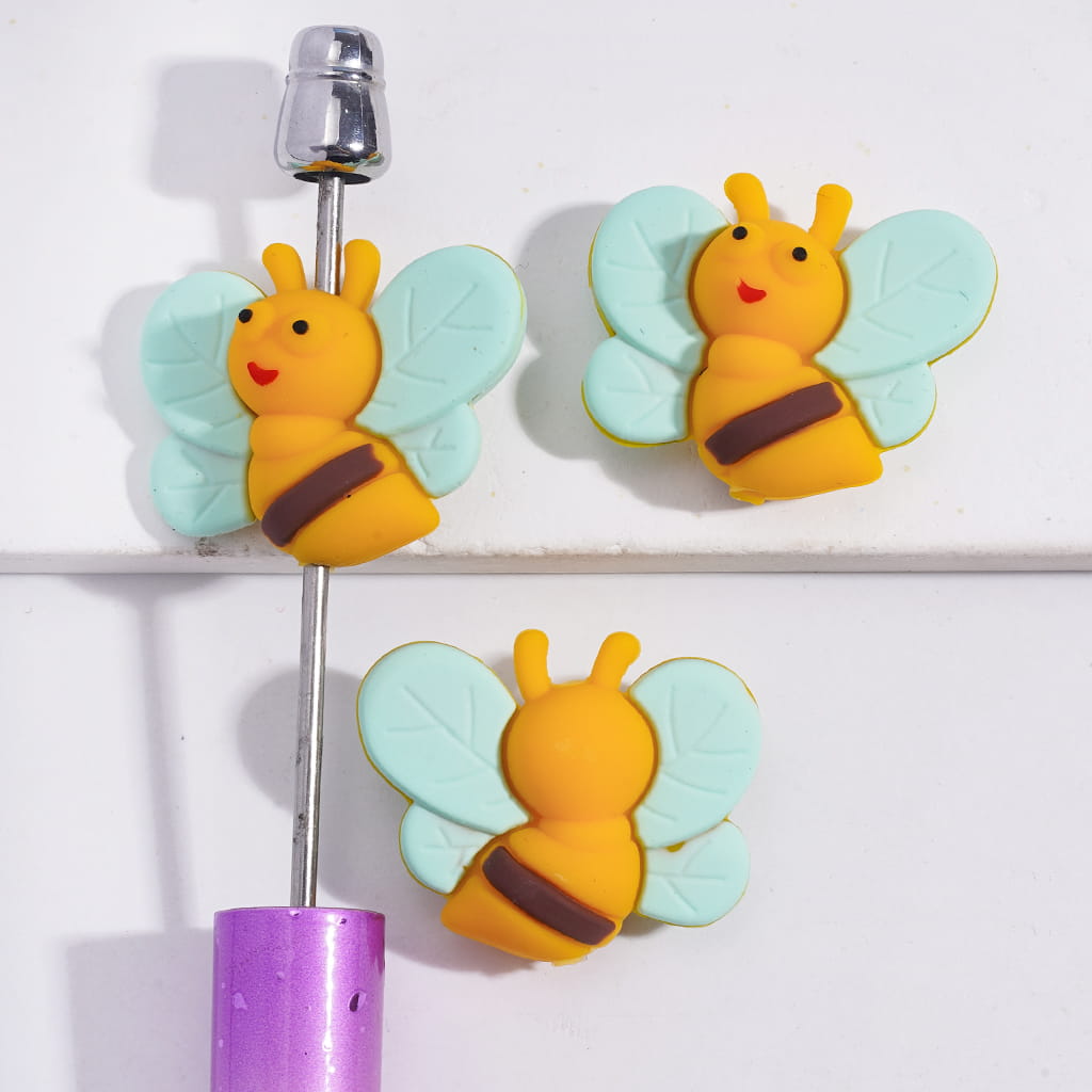 Silicone Focal Beads 3D Cute Honeybee with Mint Green Wings