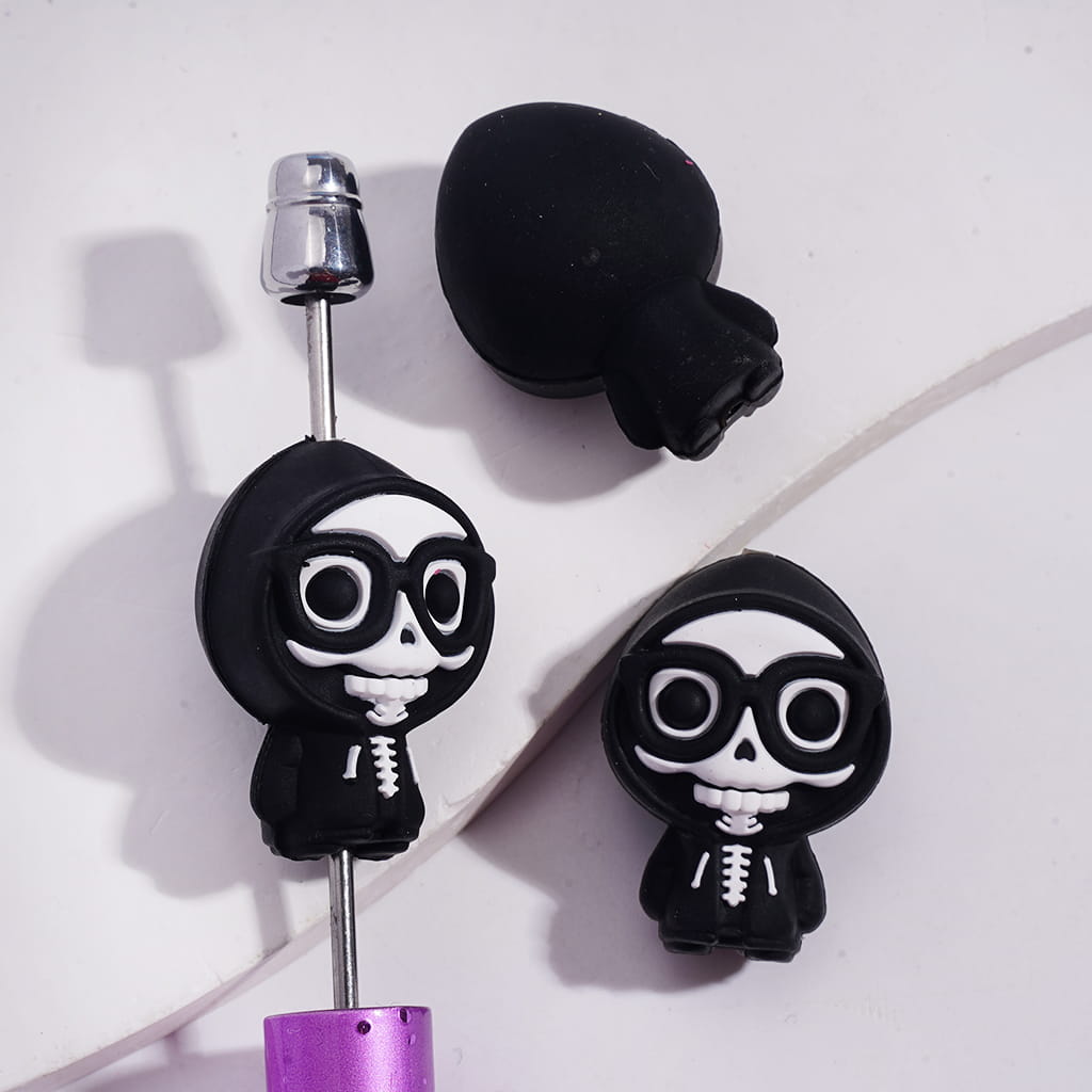 Silicone Focal Beads 3D Halloween Death Ghost with Black Glasses and Cloak