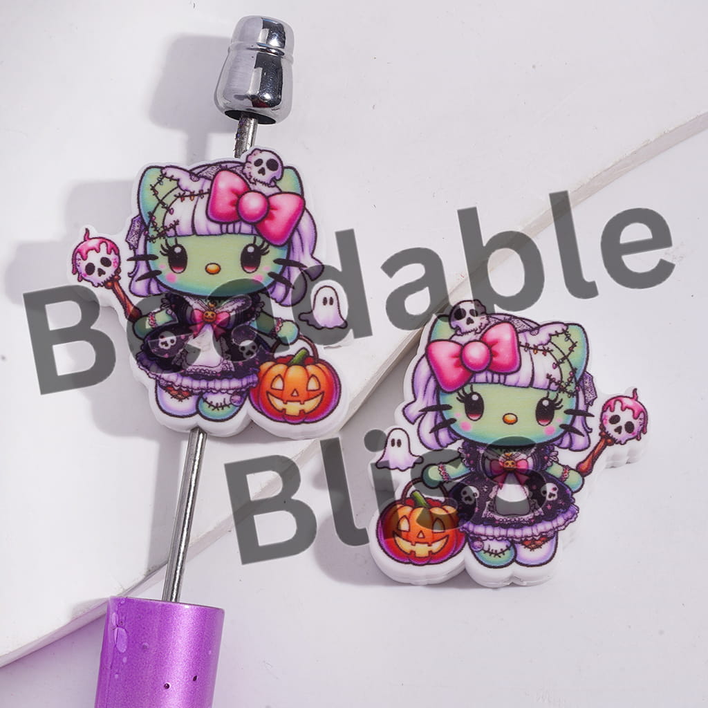 Silicone Focal Beads Funny Green Cute Cat Character with Halloween Dress up, Pumpkin lantern & Skull Staff