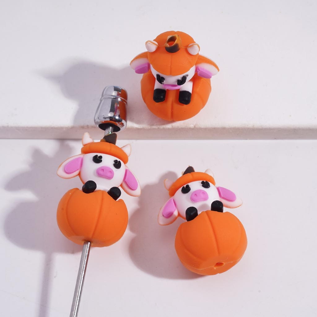 Silicone Focal Beads 3D Cute Cattle Sitting on Pumpkin