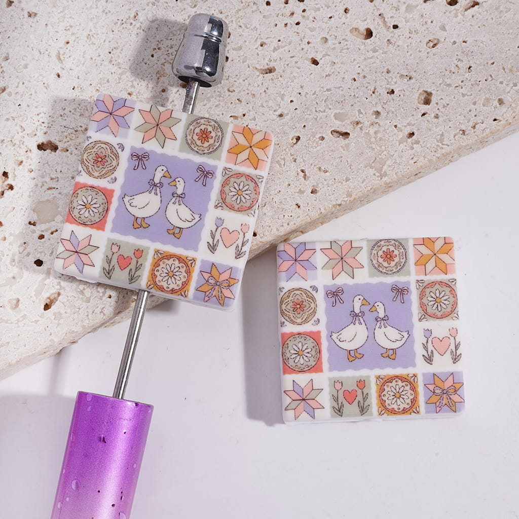 Silicone Focal Beads with Goose Bowtie Tulip Flowers Retro Patterns, Flat Square Shape