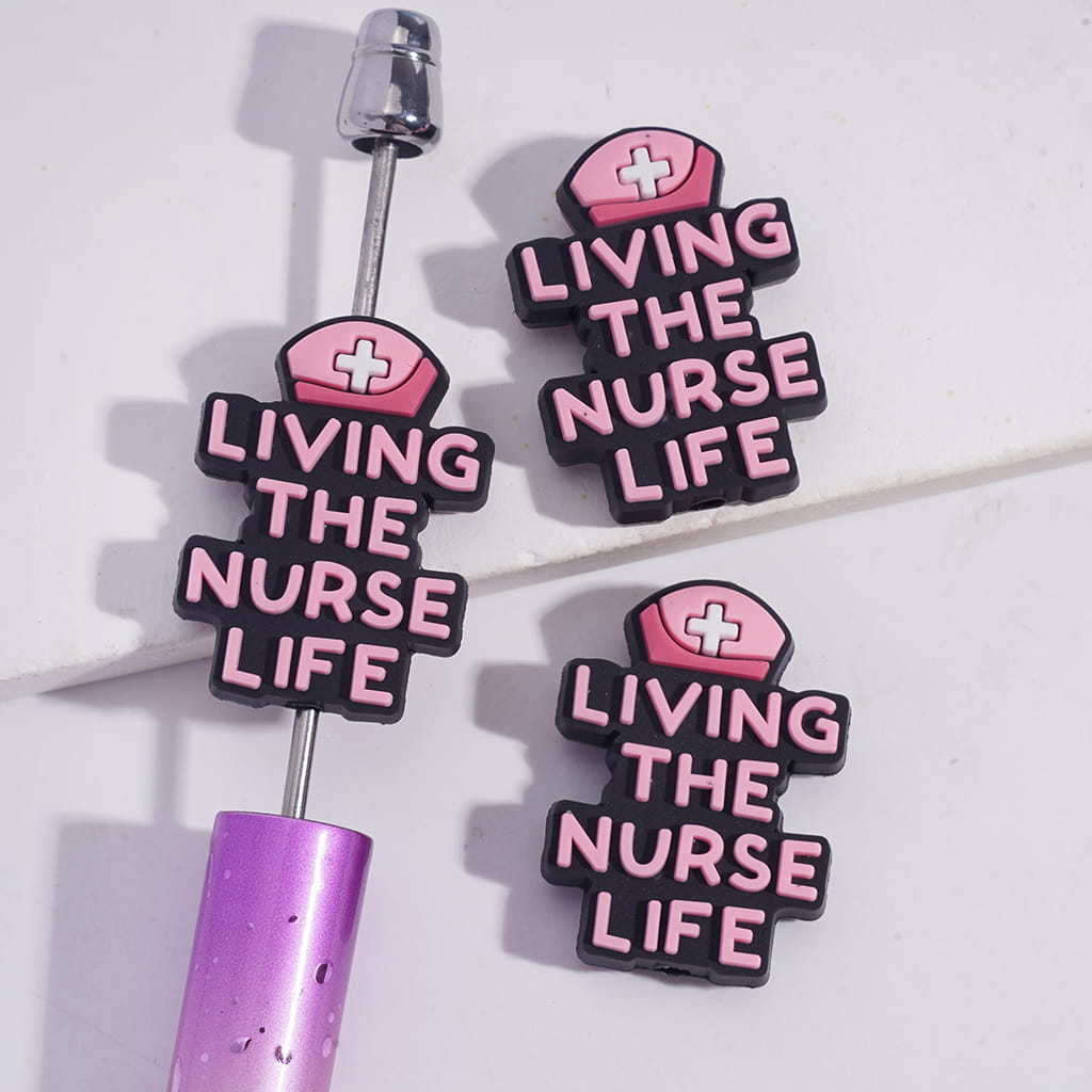 Silicone Focal Beads with Text "LIVING THE NURSE LIFE" and Pink Nurse Hat