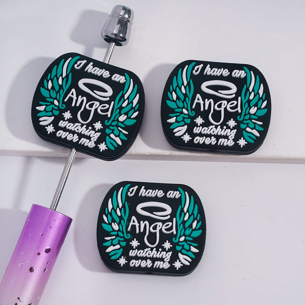Silicone Focal Beads with Text "I have an Angel watching over me" and White Angel Halo Stars Teal Green Wings
