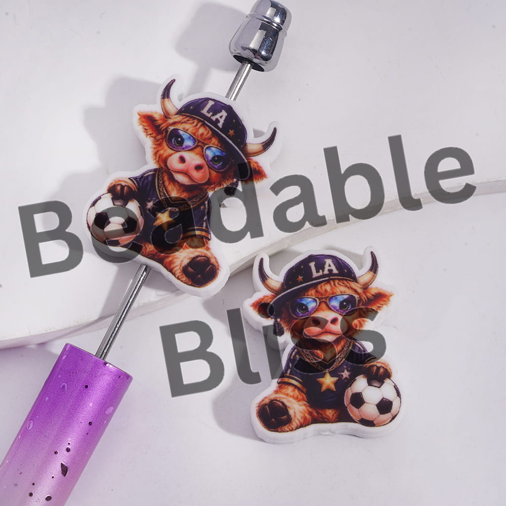Silicone Focal Beads Fashionable Highland Cow Wearing LA Baseball Cap Sunglasses Jersey and Soccer Football