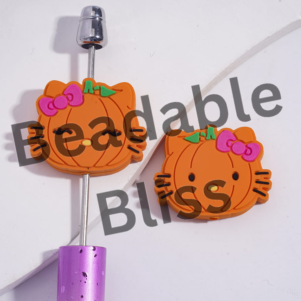 Silicone Focal Beads Halloween Pumpkin Shaped Cute Cat Character with Pink Bowtie on Head