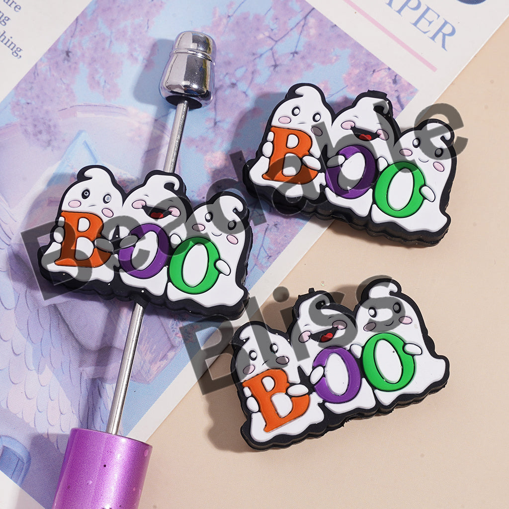 Silicone Focal Beads Halloween Cute Three White Spooky Ghosts Holding Text "BOO"