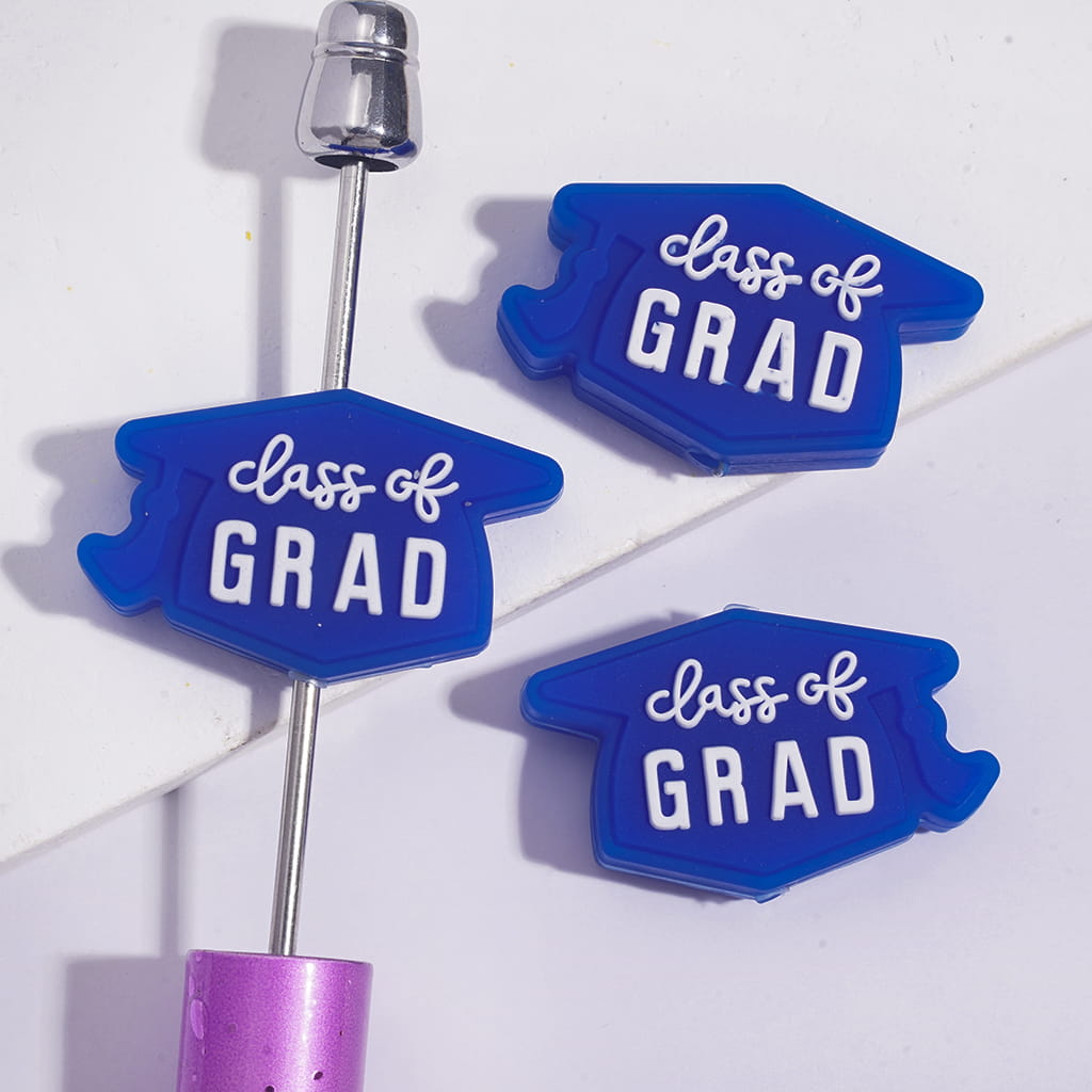 Silicone Focal Beads Blue Graduation Cap with White Text "lass of GRAD"