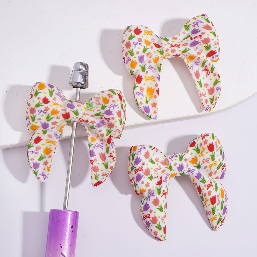 Silicone Focal Beads Soft Bowtie with Tulip Flowers and Bowknots Prints, 40MM