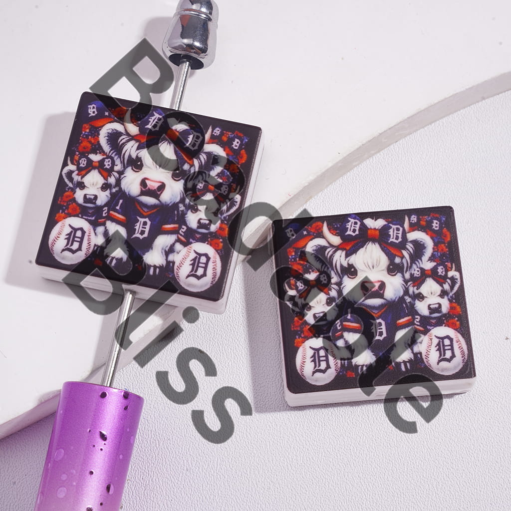 Silicone Focal Beads with Highland Cow and American Baseball Detroit, Flat Square Shape