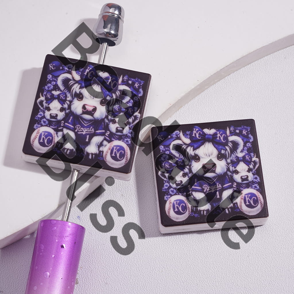 Silicone Focal Beads with American Baseball KC and Highland Cow, Flat Square Shapes