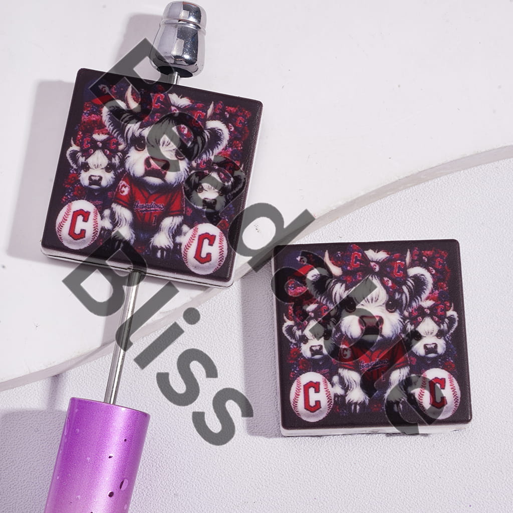 Silicone Focal Beads with Highland Cow and American Baseball Cleveland, Flat Square Shapes