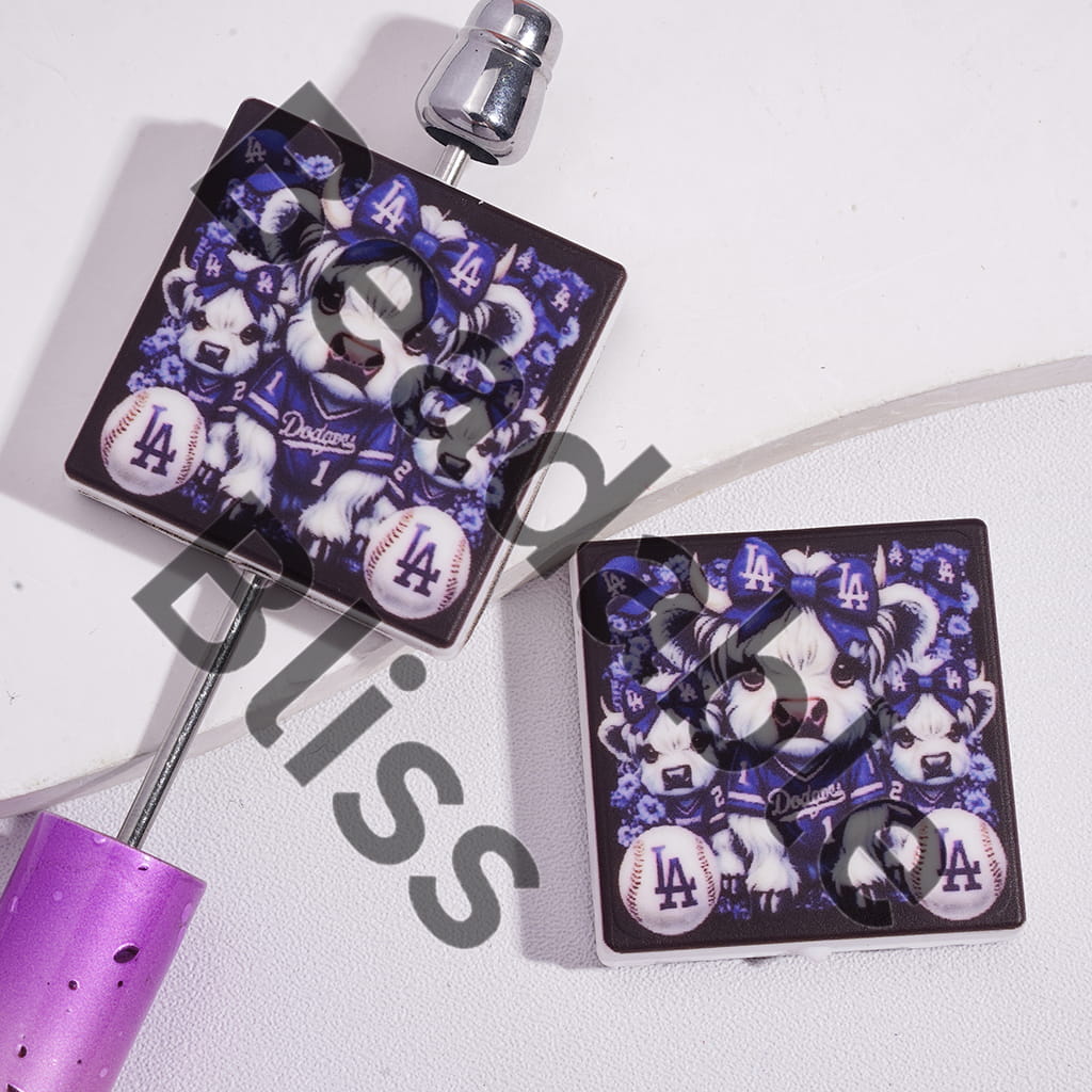 Silicone Focal Beads with American LA Baseball and Highland Cattle, Flat Square Shapes
