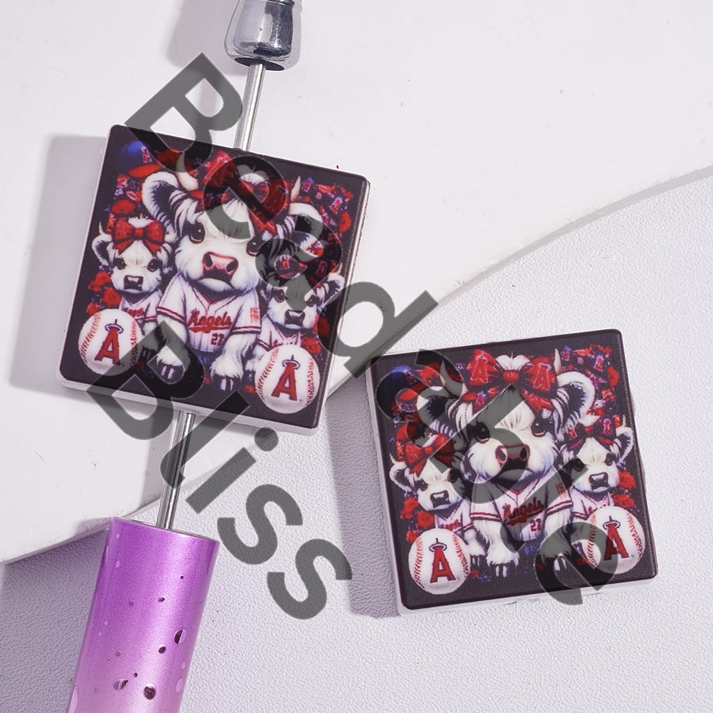 Silicone Focal Beads with Highland Cow and American LA Angel Baseball, Flat Square Shapes