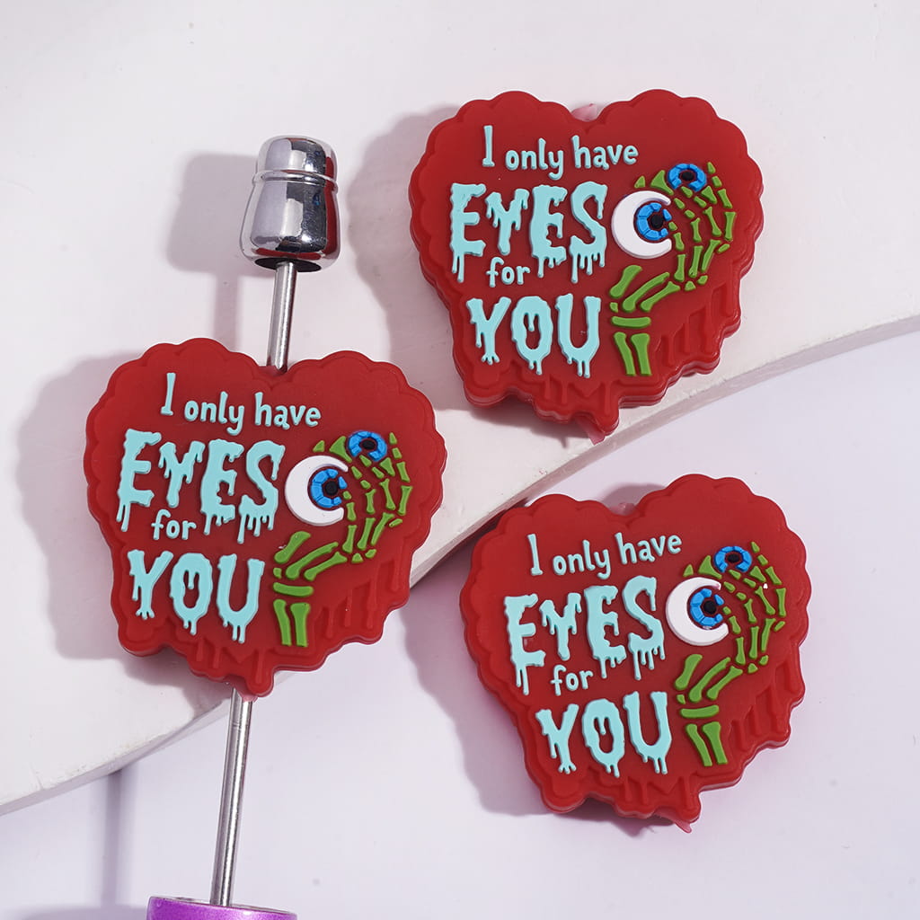 Silicone Focal Beads Red Heart with Text "I only have EYES for YOU" and Green Zombie Hand Holding Eyeball