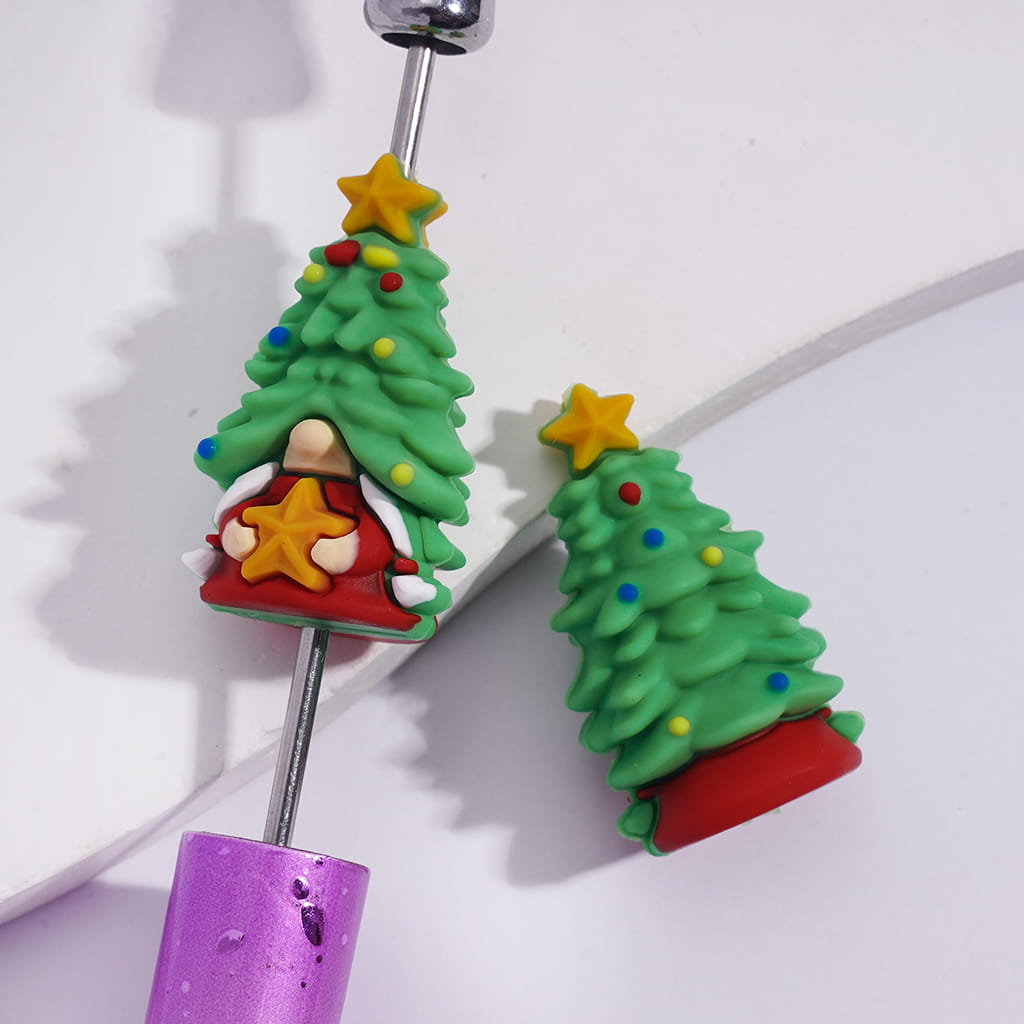 Silicone Focal Beads 3D Christmas Tree Shaped Gnome Elf Holding Yellow Star