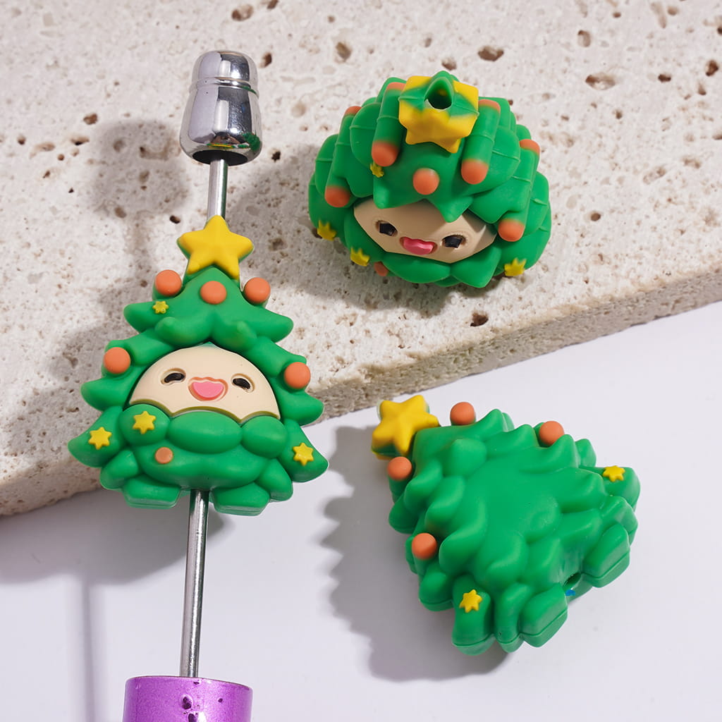 Silicone Focal Beads 3D Christmas Tree Shaped Baby with Smiling Face