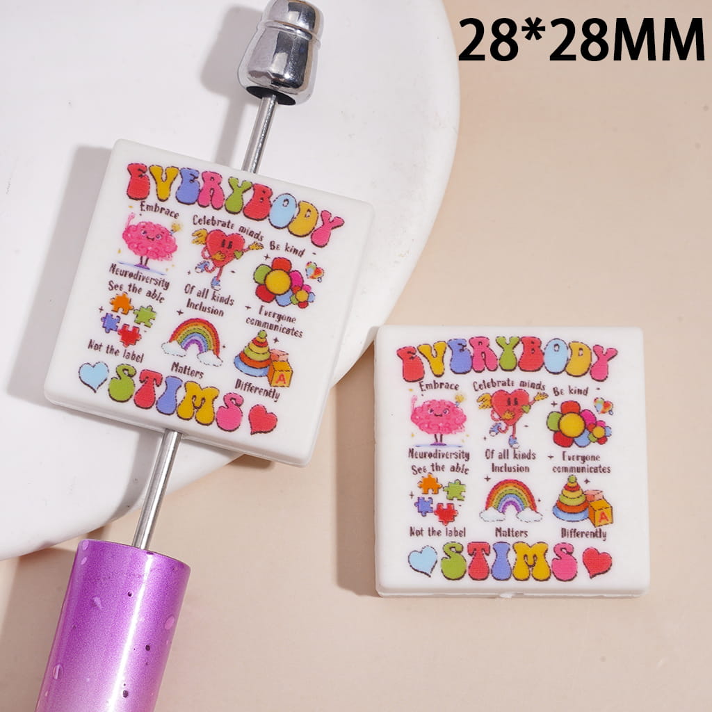 Silicone Focal Beads with Text "EVERYBODY STIMS" and Assorted Prints, Flat Square Shape