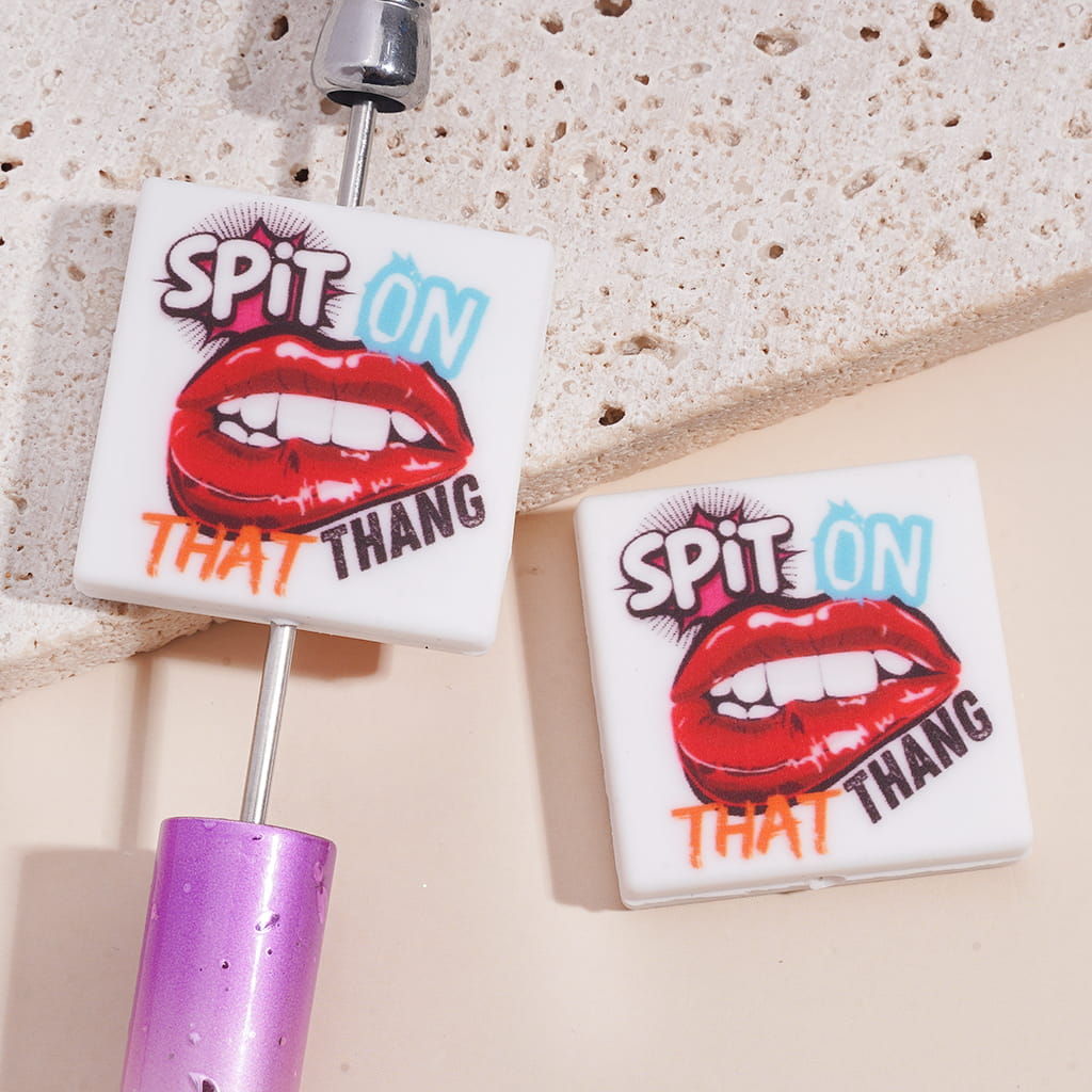 Silicone Focal Beads with Text "SPIT ON THAT Humor" and Red Lip, Flat Square Shape
