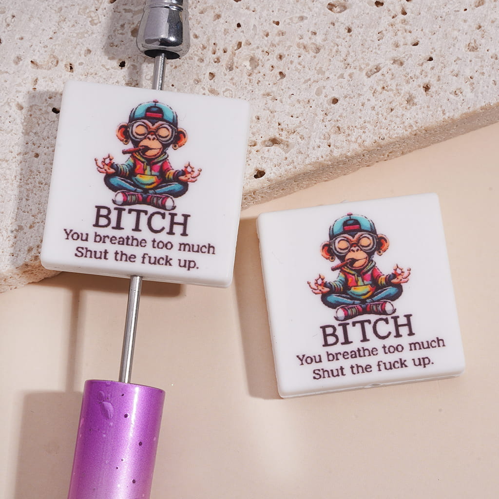 Silicone Focal Beads with Monkey Performing Meditation and Text "Humor You breathe too much...", Flat Square Shape