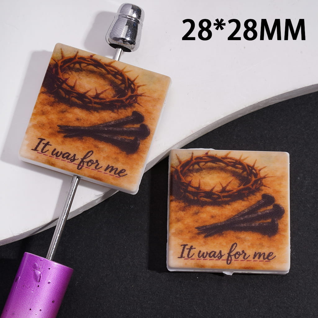Silicone Focal Beads with Text "It was for me" and Thorn Crown Iron Nail in Religion Theme, Flat Square Shape