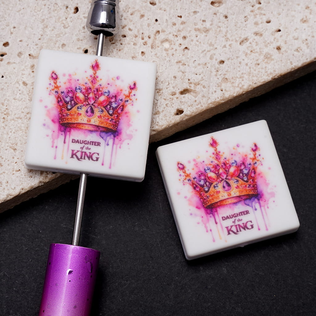 Silicone Focal Beads with Gold Crown on Pink Splash-Ink Spots and Text "DAUGHTER of the KING", Flat Square Shape