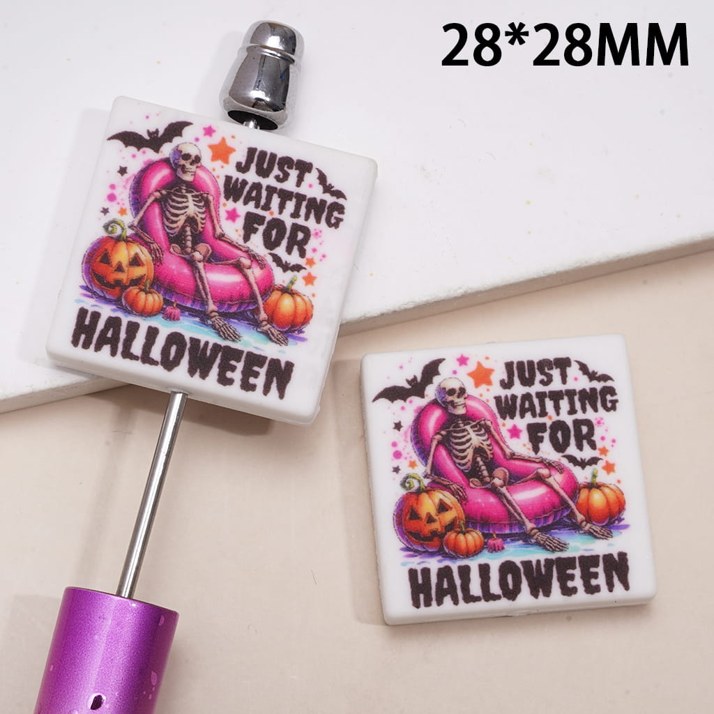 Silicone Focal Beads with Skull Skeleton Sitting on Pink Inflatable Swimming Ring and Text "JUST WAITING FOR HALLOWEEN", Flat Square Shape