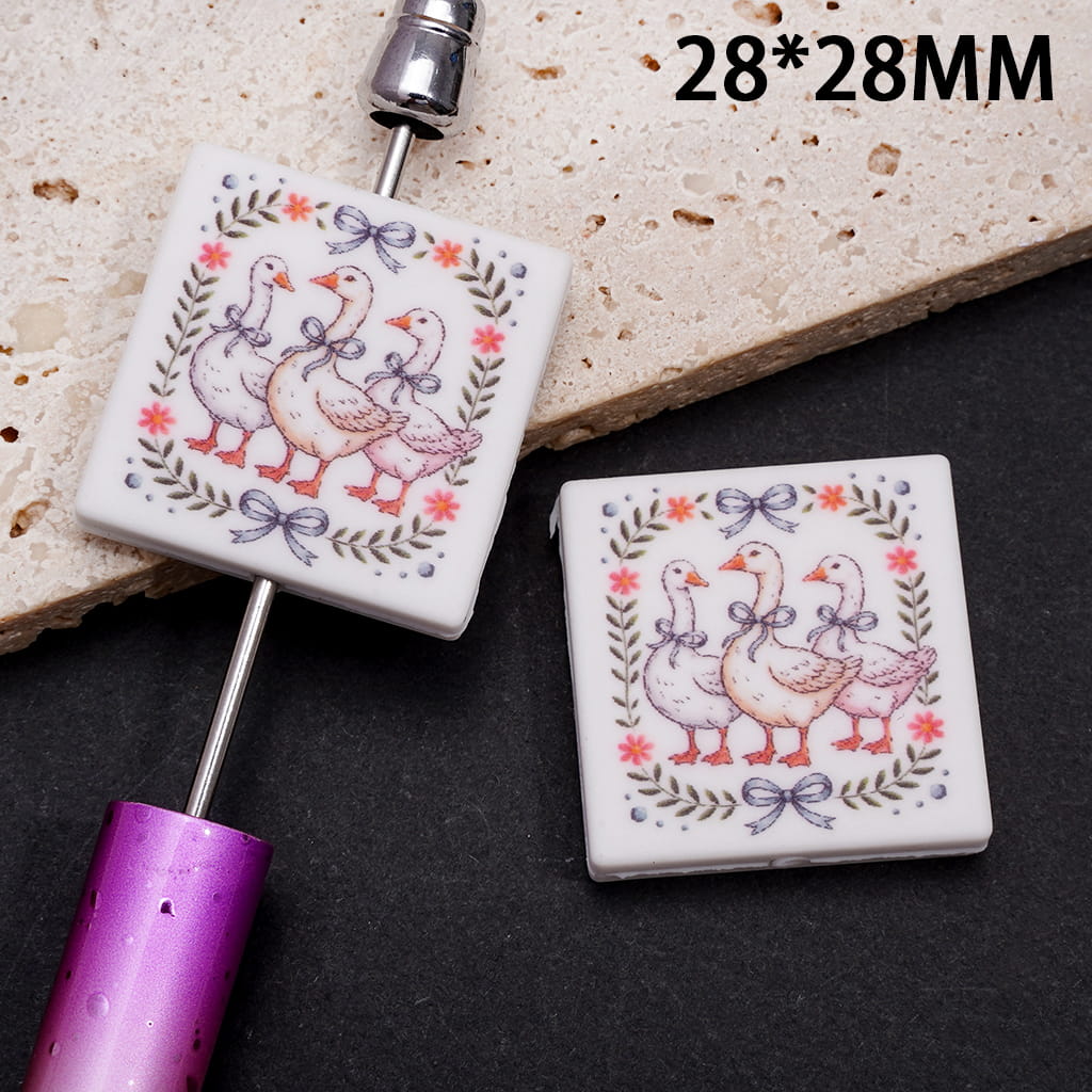 Silicone Focal Beads w Three Goose Surrounded by Flowers and Leaves Prints, Flat Square Shape