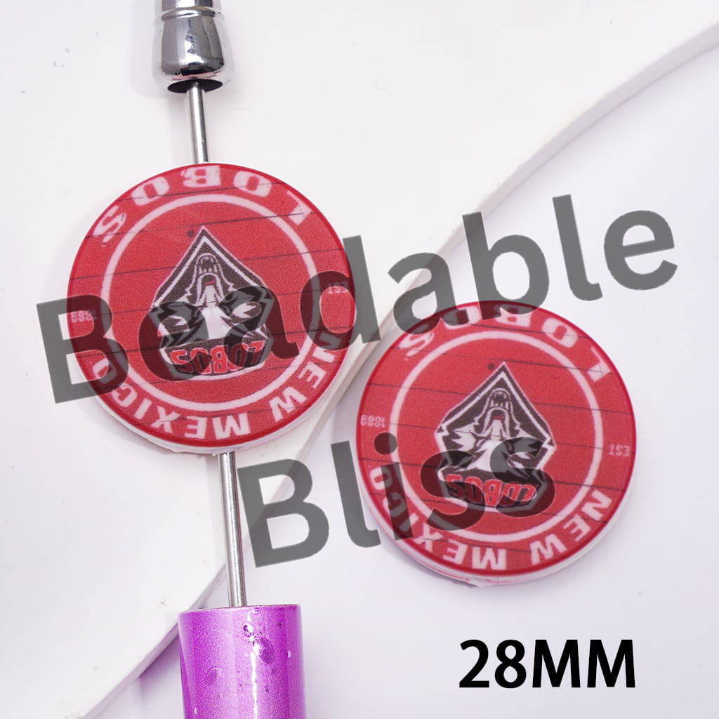 Silicone Focal Beads with American College Football Team NM Wolf Pattern, Flat Round Shape