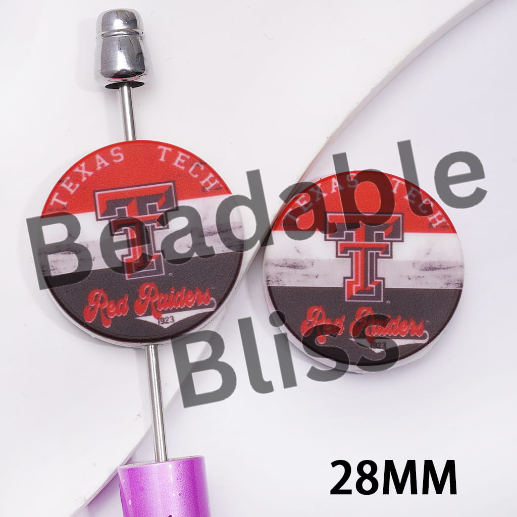 Silicone Focal Beads with Texas Tech University Red Attackers Team Print, Flat Round Shape