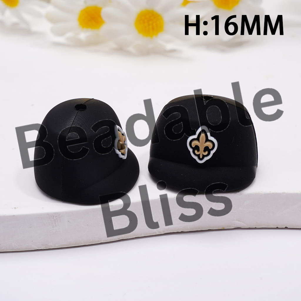 Silicone Focal Beads 3D Black Baseball Cap with American Football NOLA Patterns