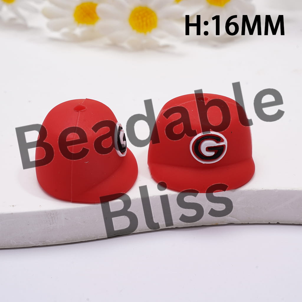 Silicone Focal Beads 3D Red Baseball Cap with American University Football Georgia Dog Team Pattern