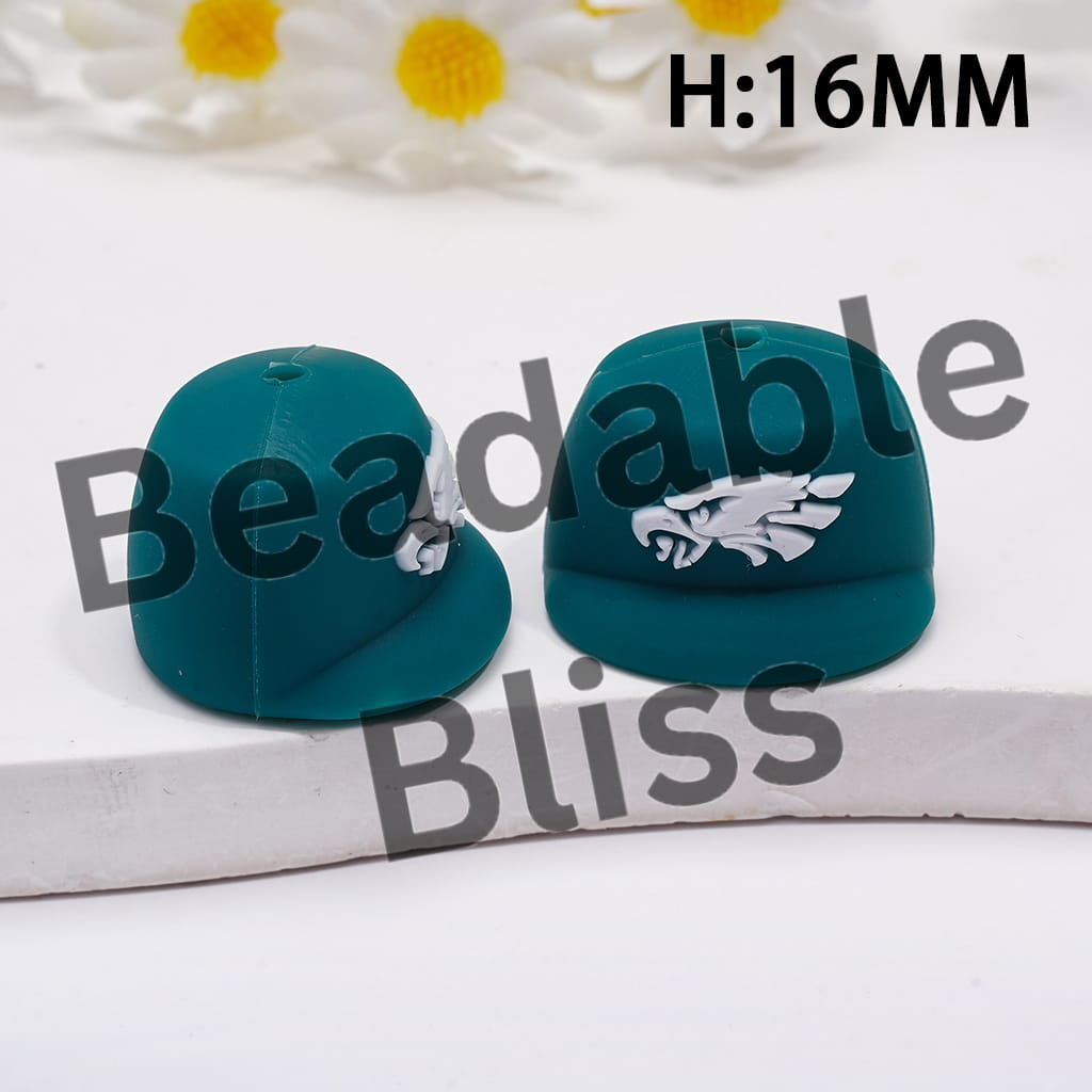 Silicone Focal Beads 3D Teal Baseball Cap with American Football Philly Bird Team Pattern